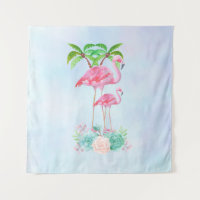 Pink Flamingo Momma & Baby with Palm Trete