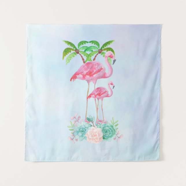 Tapiz Pink Flamingo Momma & Baby with Palm Trete (Anverso)