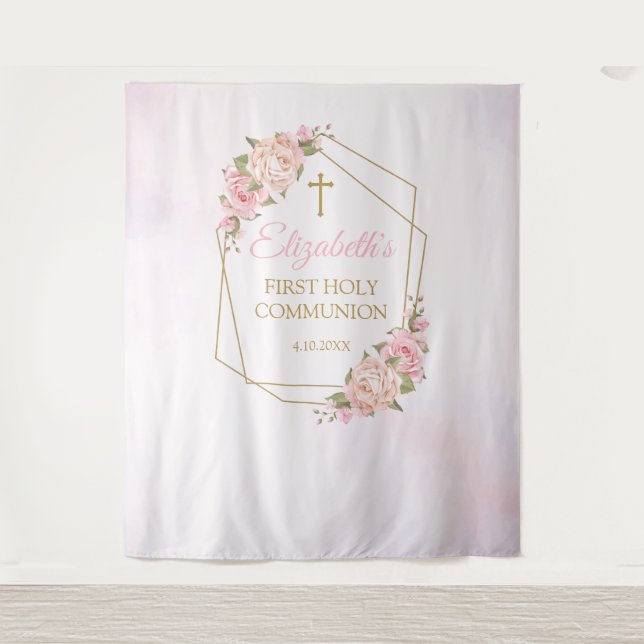 Tapiz Pink Floral Communion Backdrop (Anverso)