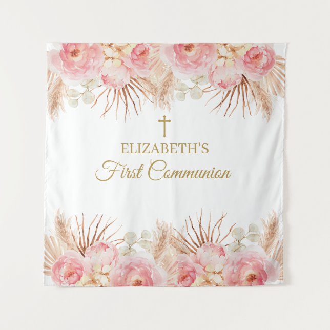 Tapiz Pink Floral First Communion Backdrop banner (Anverso)