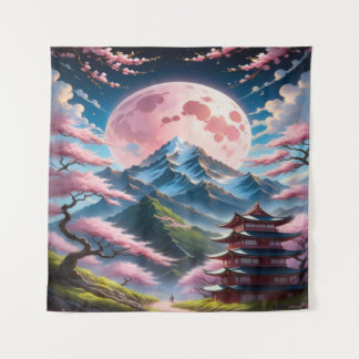 Tapiz Pink Moon & Cherry Blossom Pagoda: Intricate Anime
