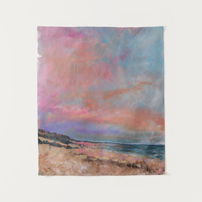 Tapiz Pintado costero rosado con puesta de sol en la pla (Anverso)