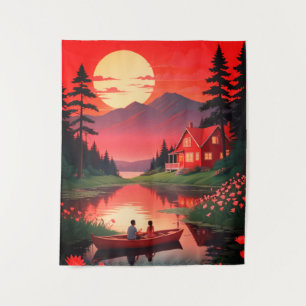 Tapiz Pintado de sol con un lago y un barco