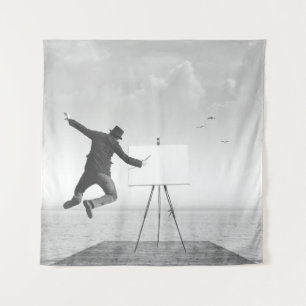 Tapiz pintor surrealista de arte blanco y negro dibujand