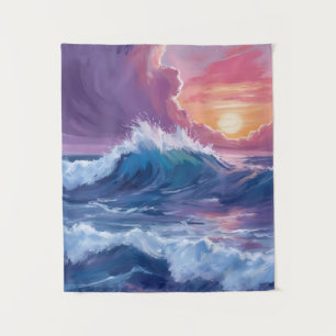 Tapiz Pintura Acuarela Puesta de Sol Olas del Océano Púr