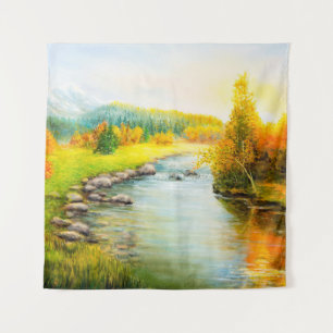 Tapiz  pintura al óleo de bello paisaje otoñal, bosque