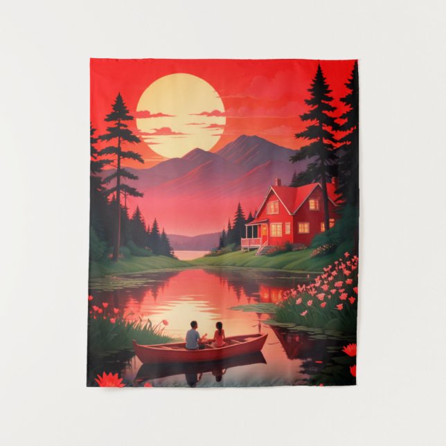 Tapiz Pintura de atardecer con barco en el lago-68678 (Anverso)