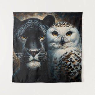 Tapiz Pintura de jaguar negro y búho blanco