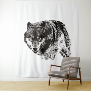 Tapiz Pintura de Lobo Salvaje en blanco y negro