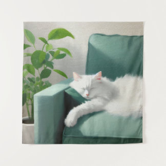 Tapiz Pintura de un gato durmiendo en un sofá verde