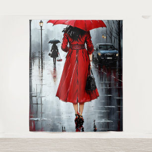 Tapiz pintura de una mujer caminando bajo la lluvia
