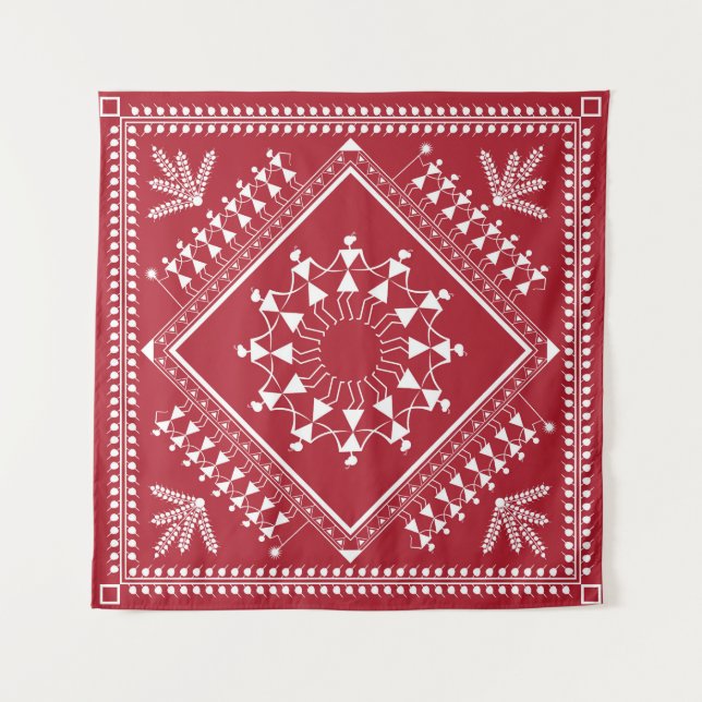 Tapiz Pintura tribal india. Warli Paintingart, indio, (Anverso)