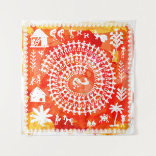 Tapiz Pintura warli - dibujo a mano tradicional del anci