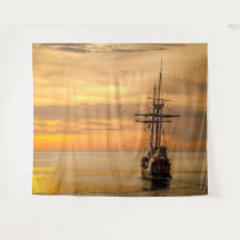Pirate Skull Golden Ship Tapestry