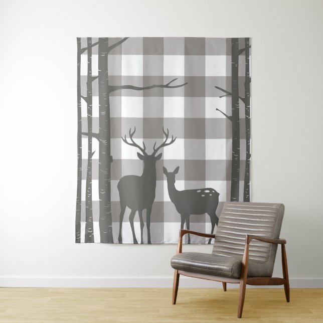 Tapiz Plaid de búfalo gris rústico de cuadros de ciervos (In situ)