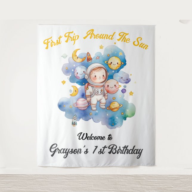 Tapiz Planetas del Espacio Exterior Azul Cumpleaños Prim (Anverso)