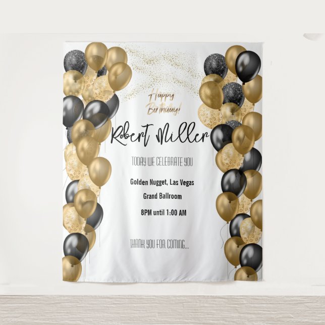 Tapiz Plantilla de Feliz Cumpleaños Negro Oro - Transpar (Anverso)