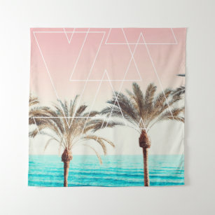 Tapiz Playa moderna retro de palmera puesta de sol azul 