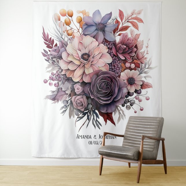 Tapiz Pluma, gris, cobre y Rosa de Boda floral (In situ)
