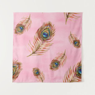 Tapiz Plumas de pavo real de oro, acuarela patrón sin fi