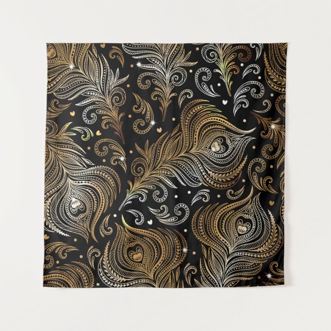 Tapiz Plumas de pavo real: Dibujo artístico a mano alzad (Anverso)