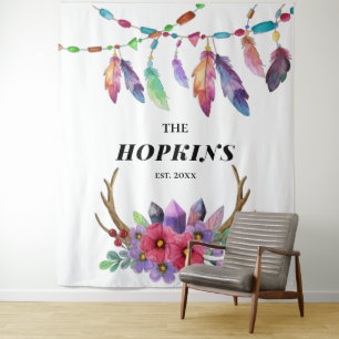 Tapiz Plumas y Flores Boho Coloridas Familia Personaliza