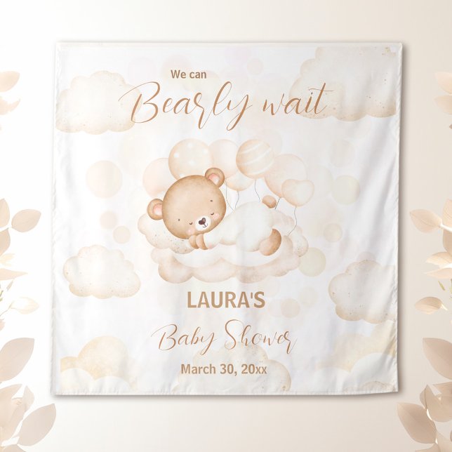 Tapiz Podemos esperar a que el bebé neutro pase a la duc (We Can Bearly Wait Neutral Baby shower Backdrop)