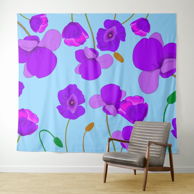 Tapiz Poppy Lilac sobre fondo pálido-azul (In situ (horizontal))