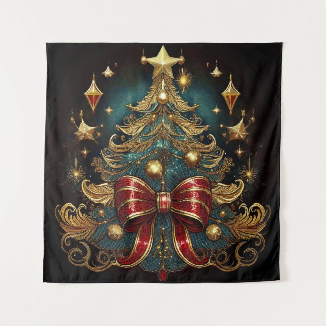 Tapiz Poster Con Árbol De Navidad Y Bow Rojo Grande (Anverso)