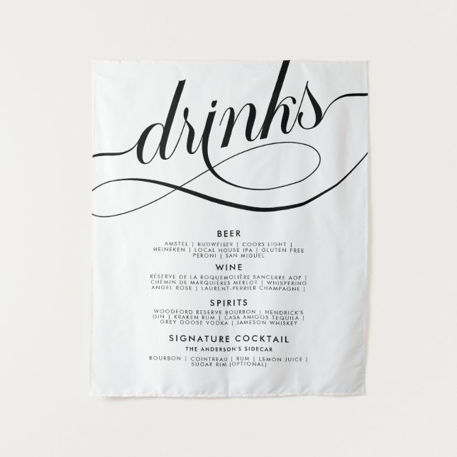 Tapiz Póster de menú de bar de bebidas de boda con letra (Anverso)