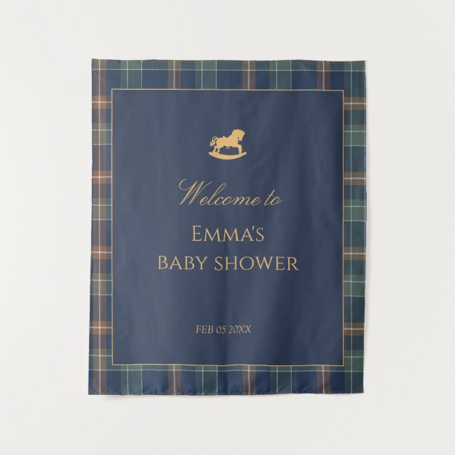 Tapiz Preppy Navy Plaid Baby Shower with Rocking horse (Anverso)