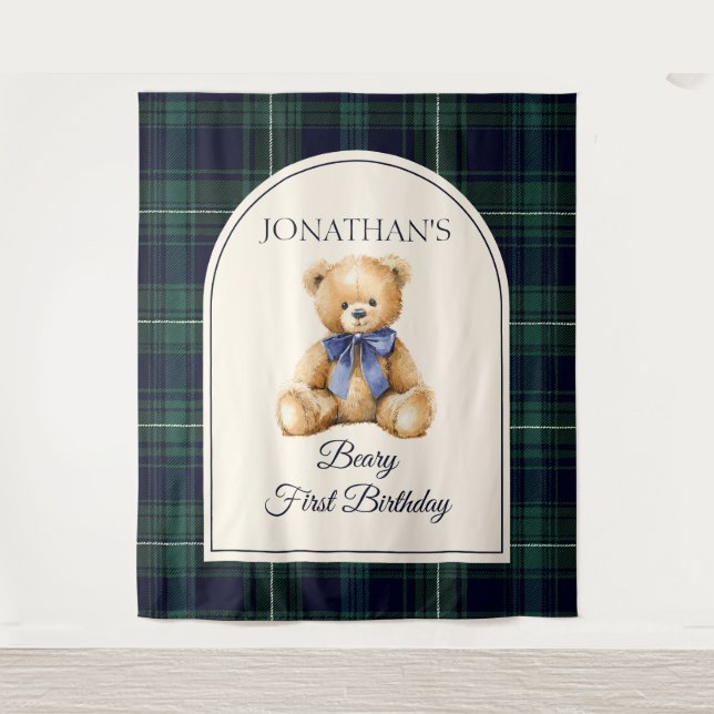 Tapiz Preppy Teddy Bear Birthday Photo Backdrop (Anverso)