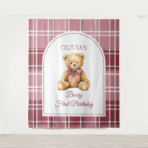 Preppy Teddy Bear Pink Bow Birthday Photo Backdrop