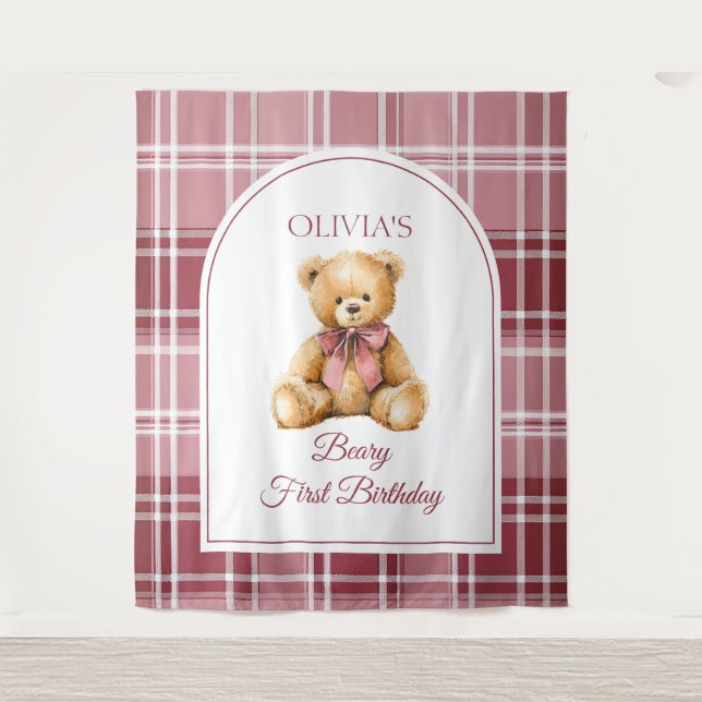 Tapiz Preppy Teddy Bear Pink Bow Birthday Photo Backdrop (Anverso)