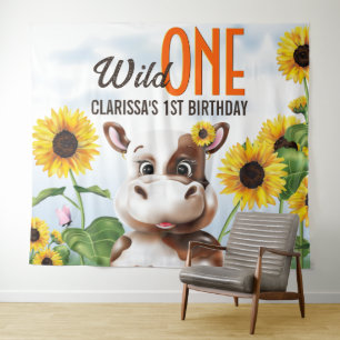 Tapiz Primer cumpleaños de Cow Sunflower Chica