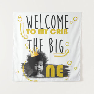 Tapiz Primera foto de cumpleaños bienvenida de amarillo 