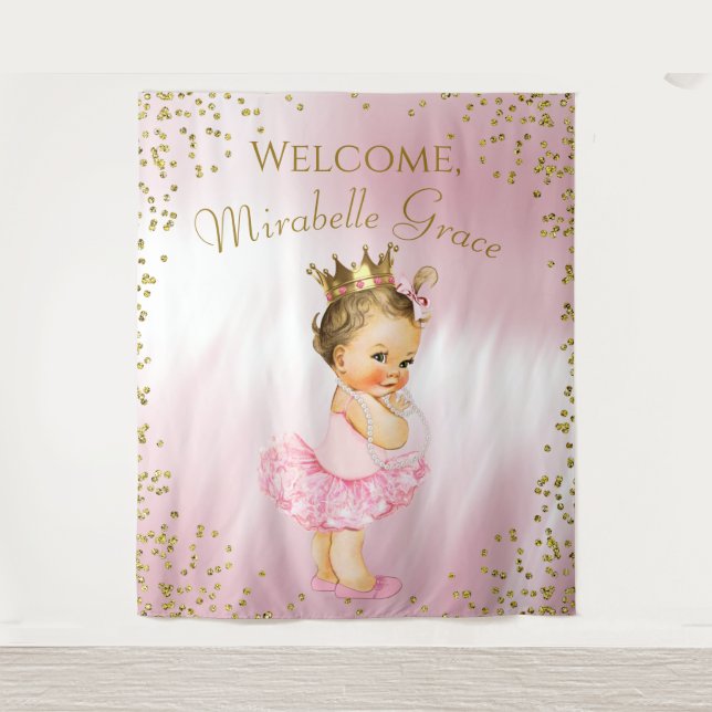 Tapiz Princess Ballerina Baby Shower Backdrop Brunette (Anverso)