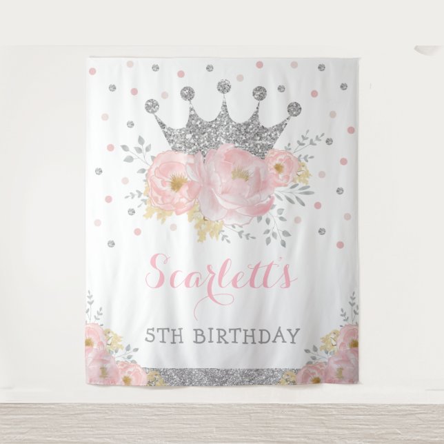 Tapiz Princess Rubor Floral Silver Crown Baby Birday (Anverso)