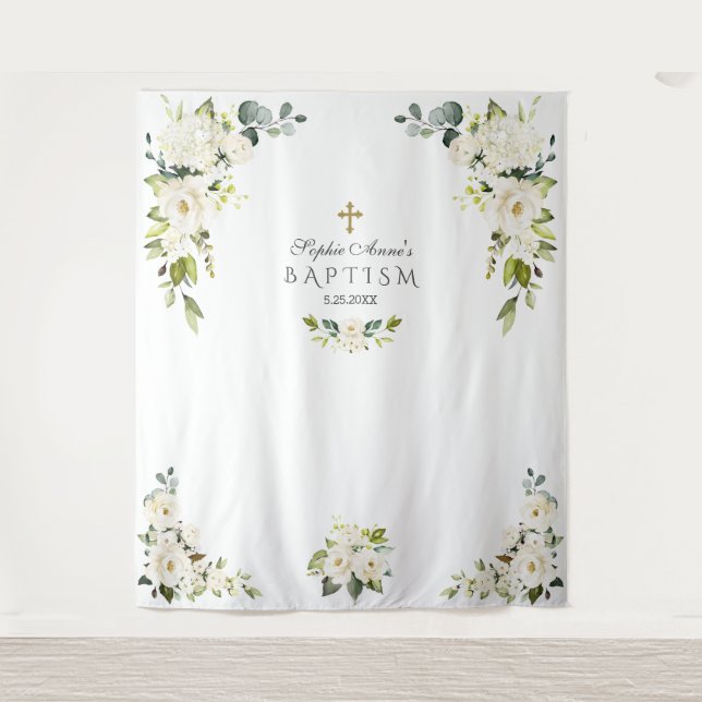 Tapiz Propaganda de bautizo floral blanca delicada (Anverso)