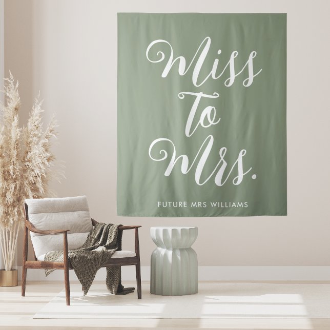 Tapiz Propaganda de boda moderna de Señorita a Sra. Bann (Sage Green Pretty and cute miss to mrs bachelor party welcome banner. perfect backdrop for selfies)