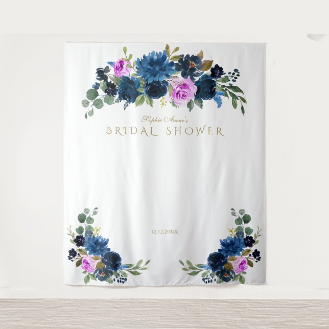Tapiz Propósito de Fotomatón de Boda Floral Fuchsia Azul (Anverso)