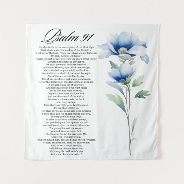 Tapiz Psalm 91 Watercolor Blue Flower Bible Scriptures (Anverso)