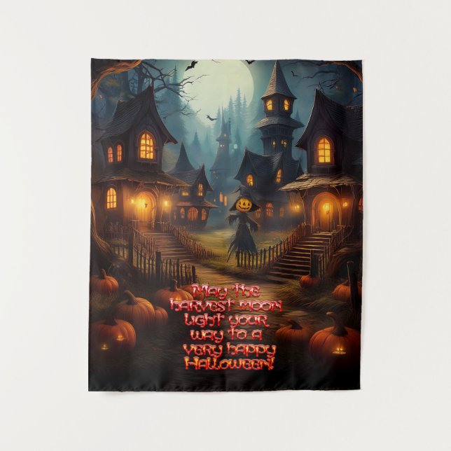 Tapiz Pueblo Embrujado de Halloween con Espantapájaros (Anverso)