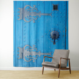 Tapiz Puerta azul brillante de madera desgastada Telón d