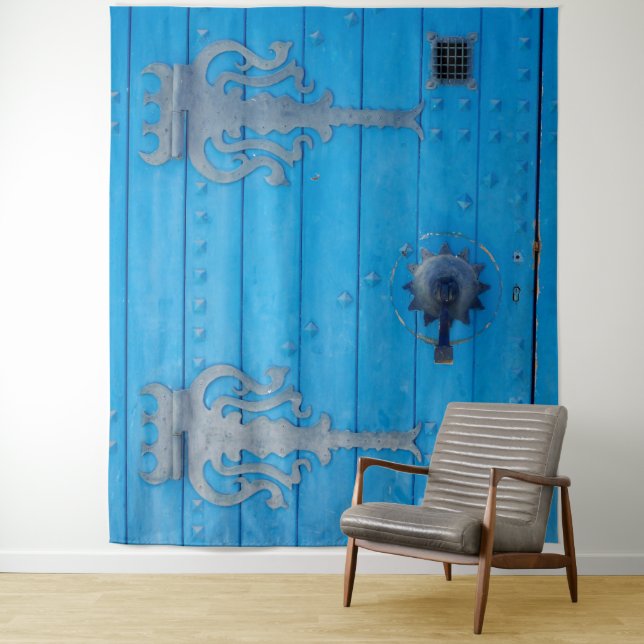 Tapiz Puerta azul brillante de madera desgastada Telón d (In situ)