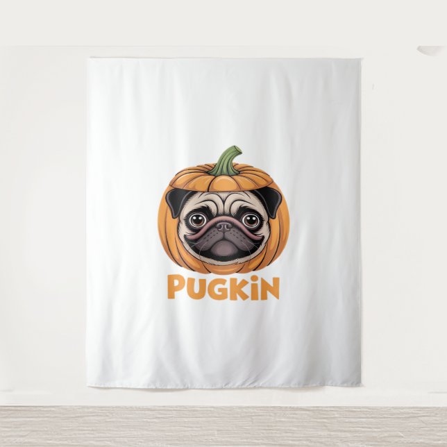 Tapiz Pugkin Pug Halloween Feliz Halloween sobredimensio (Anverso)