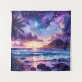 Tapiz Purple Sunset Tropical Beach Moon Art