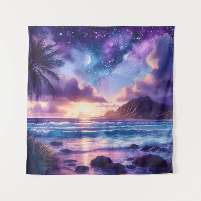 Tapiz Purple Sunset Tropical Beach Moon Art (Anverso)