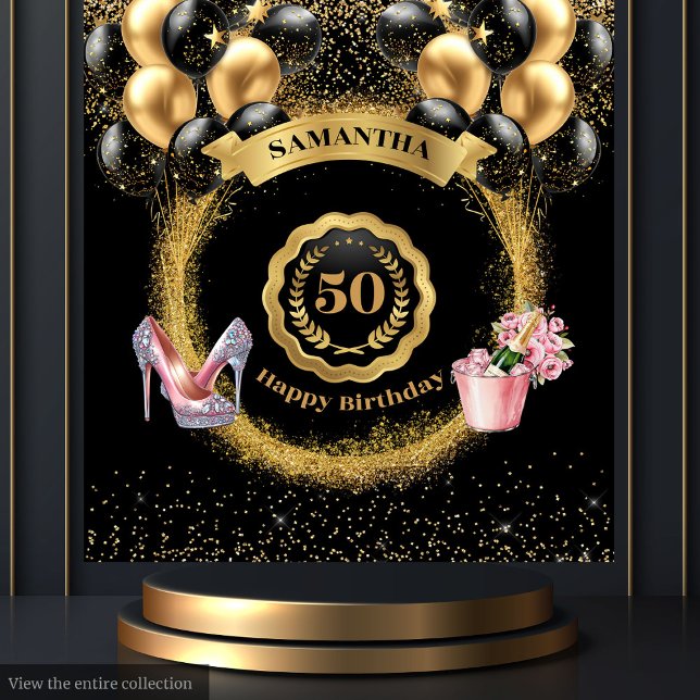 Tapiz Purpurina de Oro de los Globos Negros Fiesta de cu (Black Balloons Gold Glitter 50th Birthday Party Tapestry)