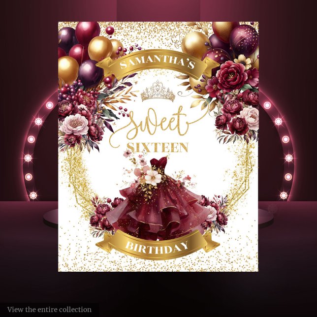 Tapiz Purpurina de oro dulce 16 flores de borgoña fondo (Gold Glitter Sweet 16 Backdrop Burgundy Flowers)